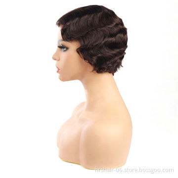 Human Hair ,pixie Short Wigs Cuticle Aligned Hair Wavy Wig Short Curly Red Wigs,finger Wave Brazilian 100% Virgin Human Hair 6"